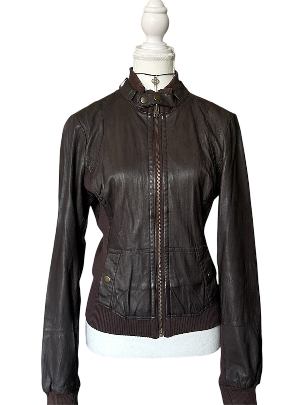 Y2K Grunge “GUESS” Brown Faux Leather Bomber Biker Style Zip-up Jacket
